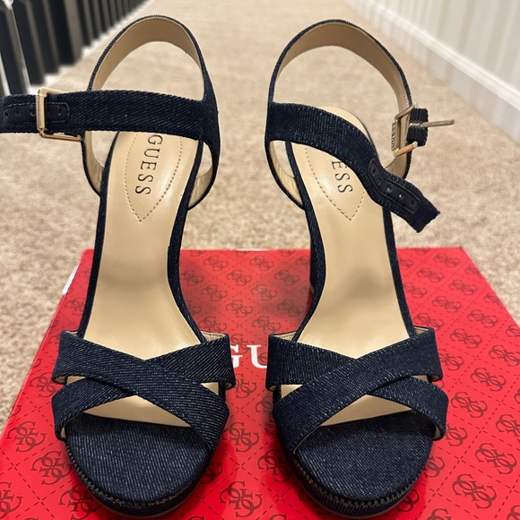 NIB Guess Blue Jean Ankle strap Wedge Heels - Picture 3 of 6